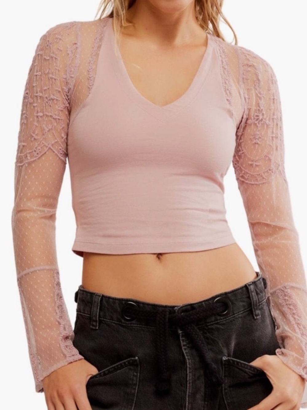 Free People Who's That Girl Lace Long Sleeve Crop Top Size S